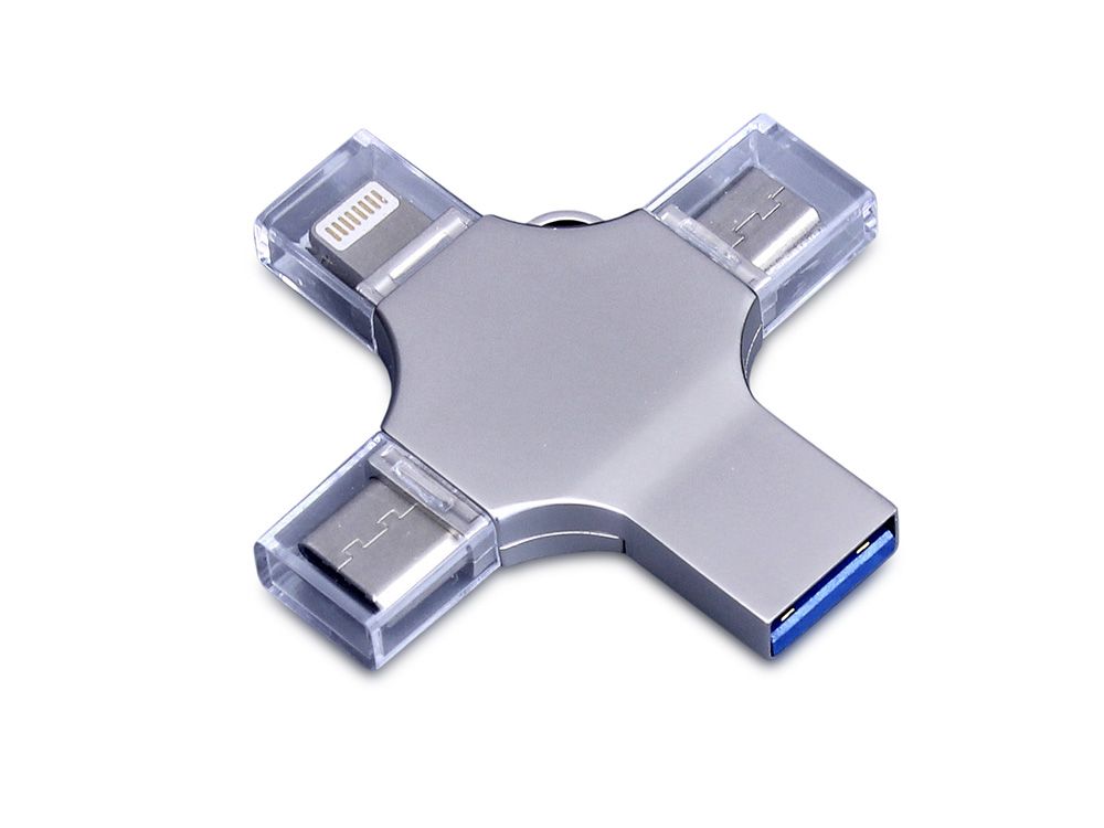 USB-флешка на 32 Гб 4 в 1 поворотный механизм, c дополнительными разъемами MicroUSB, TypeC и Lightning, серебристый