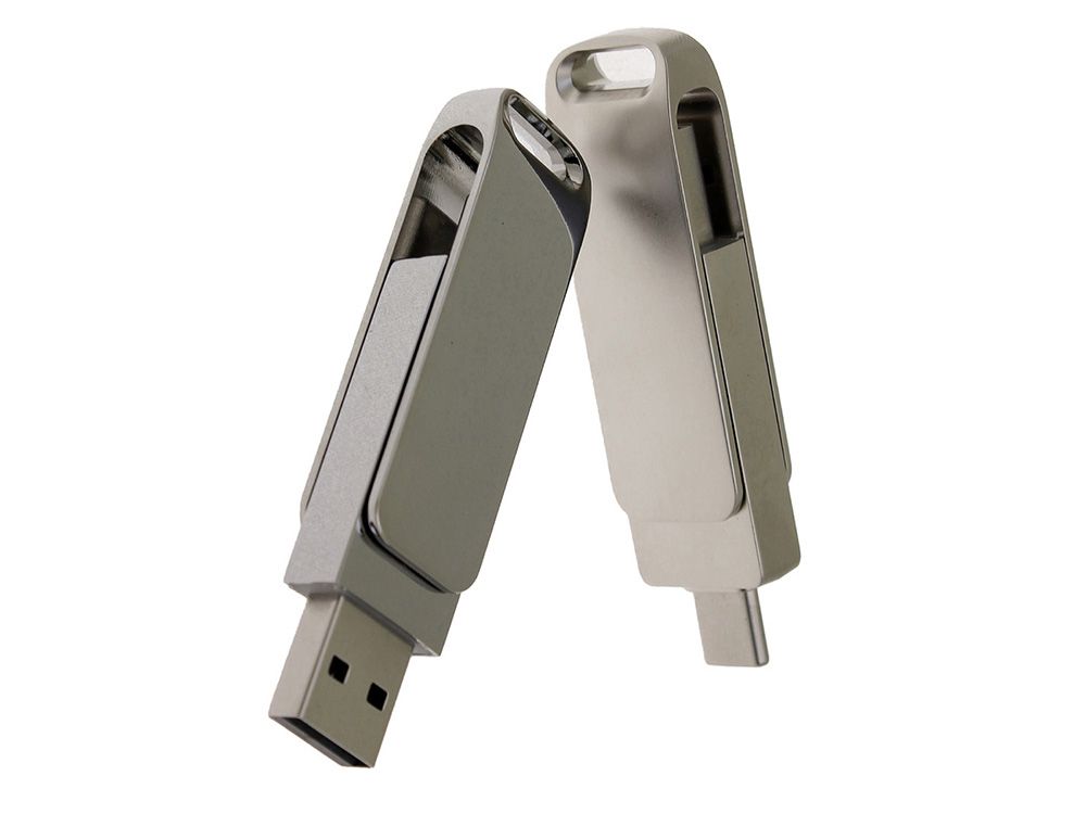 USB 3.0- флешка на 16 Гб поворотный механизм 2 в 1, c дополнительным разъемом Type-C с одноцветным металлическим клипом, серый
