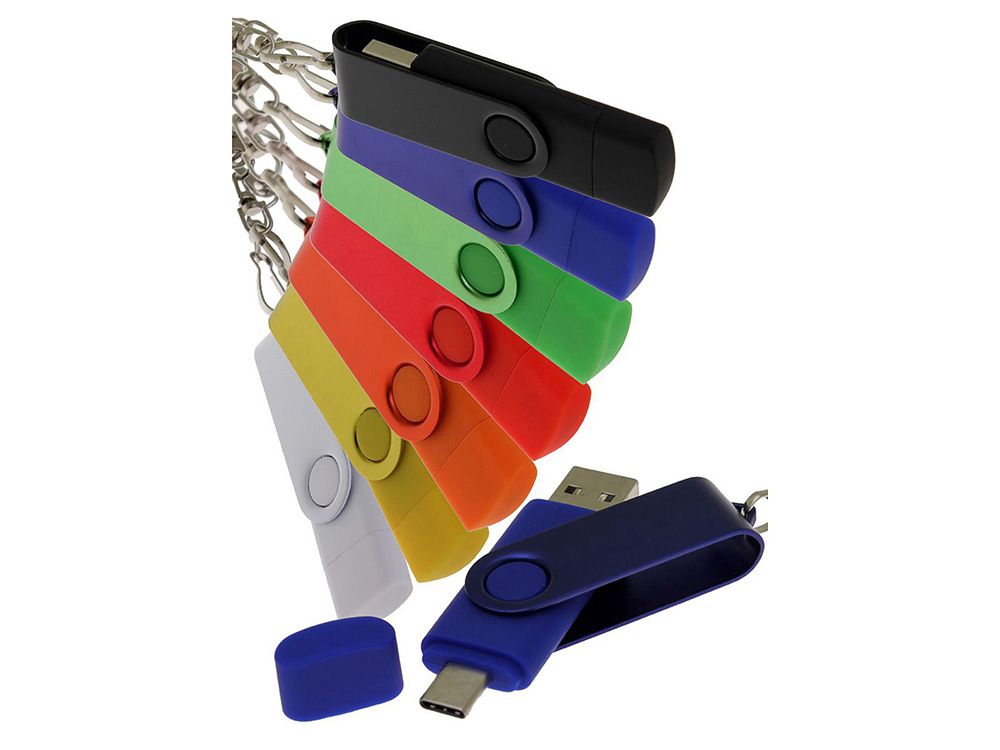 USB-флешка на 16 Гб 2 в 1 поворотный механизм, c дополнительным разъемом Type-C с одноцветным металлическим клипом, белый