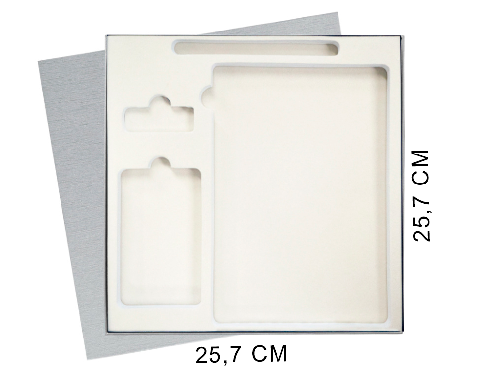 Коробка подарочная Solution Superior Linen, серебро, 25,7x25,7, с вырубкой под ежедневник/ручку/флешку/пауэрбанк 7,0х11