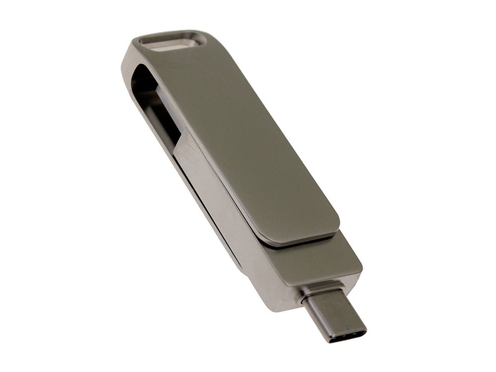 USB 3.0- флешка на 16 Гб поворотный механизм 2 в 1, c дополнительным разъемом Type-C с одноцветным металлическим клипом, серый