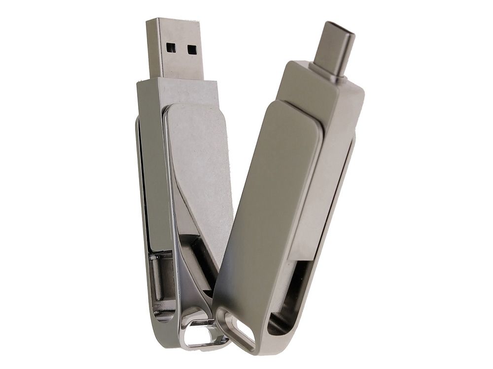USB 2.0- флешка на 16 Гб поворотный механизм 2 в 1, c дополнительным разъемом Type-C с одноцветным металлическим клипом, серый