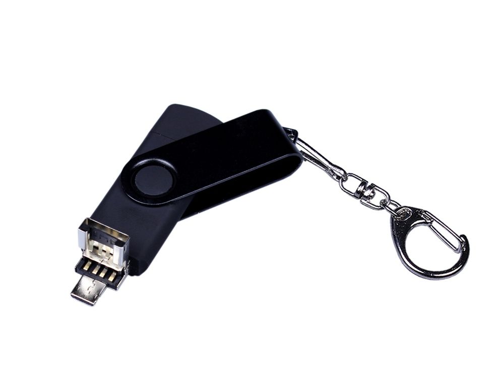USB-флешка на 64 ГБ 3 в 1 поворотный механизм, c двумя дополнительными разъемами MicroUSB и TypeC C с одноцветным металлическим клипом, черный