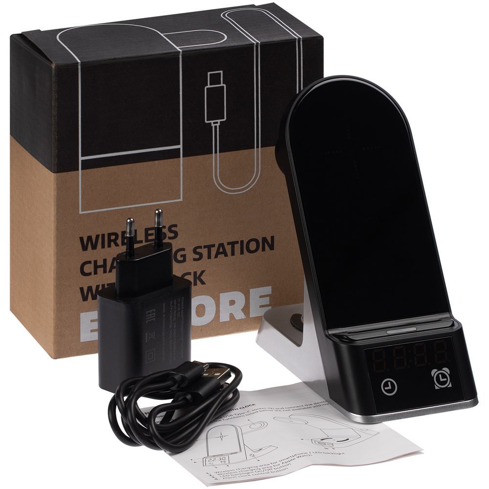 Зарядная станция с часами E-Store для смартфона, часов и наушников, черная